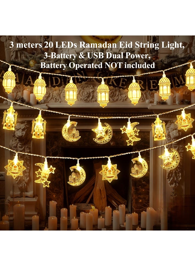 زينة رمضان أضواء السلسلة، 3 أمتار 20 لمبة رمضان وعيد، أضواء تعمل بالبطارية للديكور الداخلي والخارجي لرمضان مبارك كريم، 3 بطاريات وUSB طاقة مزدوجة - Image 2